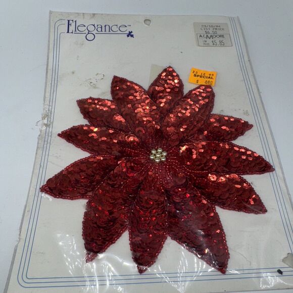 Vintage Handmade 5.5" Red Sequin Poinsettia Patch Motif Shirt Coat Hat Appliqué - Picture 4 of 6